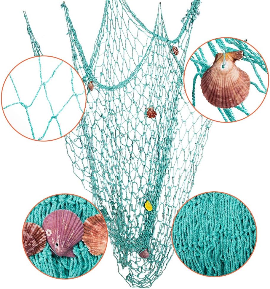 Rosoz Nature Fish Net Wall Decoration with Shells, Ocean Themed Wall Hangings Fishing Net Party Decor for Pirate Party,Wedding,Photographing Decoration (Aqua)