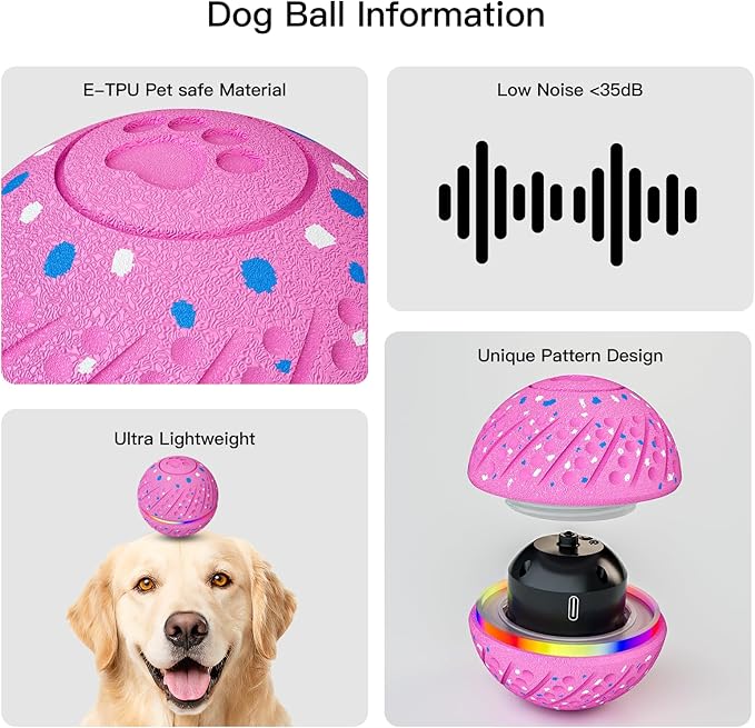 Interactive Dog Toys: Self Rolling & Bouncing Ball to Keep Them Busy, 3 Modes, Type-C Fast Charging, Durable E-TPU & IP54 Waterproof - Best for Small/Medium Breeds & Puppies (Pink)