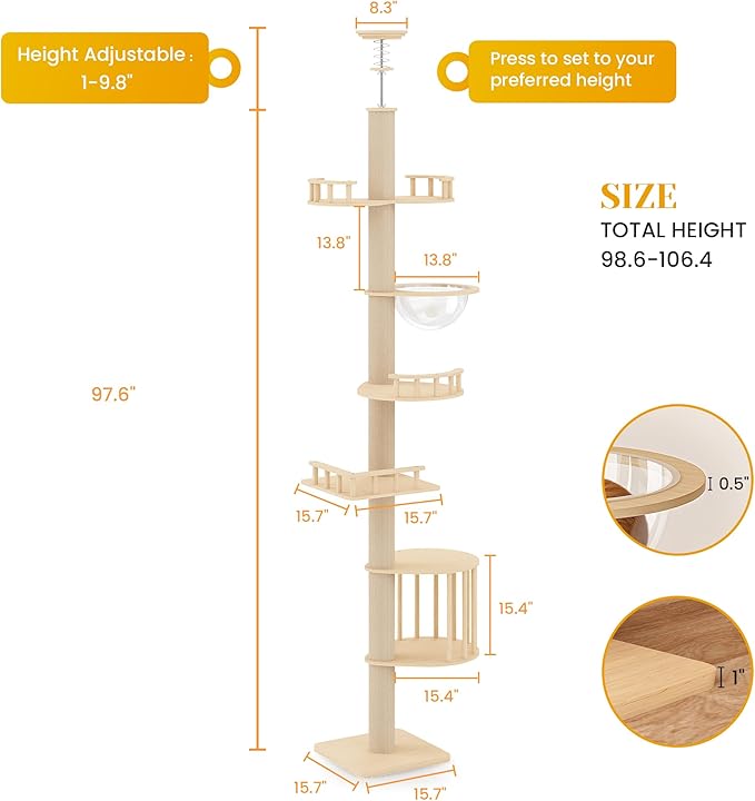 Fansafurn Floor-to-Ceiling Adjustable Cat Tree Tower with Acrylic Capsule, Space-Efficient Multi-Level Structure, Sisal-Wrapped Scratching Posts, Ideal for Kittens and Large Cats, Stable and Modern
