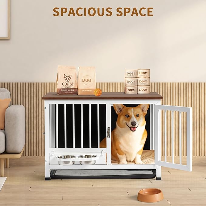 VINGLI Dog Crate Furniture, 32.5" Wooden Dog Kennel with 360° Swivel Feeder, Dog Cage Indoor for Small and Medium Dogs, Easy to Clean (Medium-32 inch White)