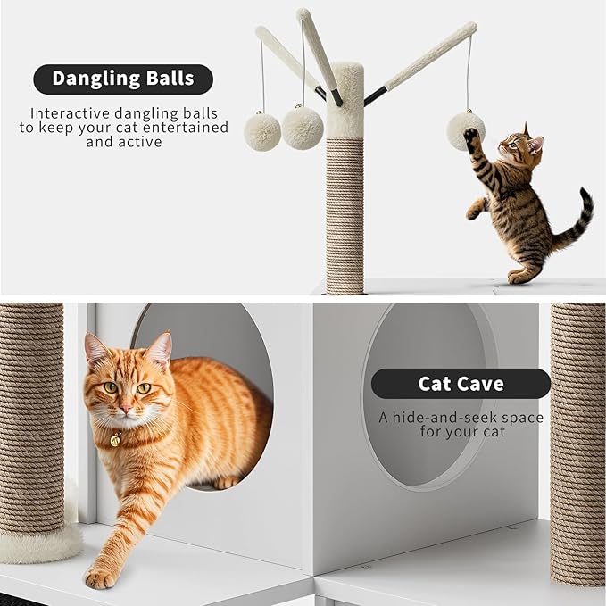 Multi-Level Wooden Cat Tree Tower with Hidden Litter Box Enclosure & Condo, Sisal Scratching Posts, Soft Perch & Toys, Modern Cat Furniture for Indoor Cats, White Box & White Trees