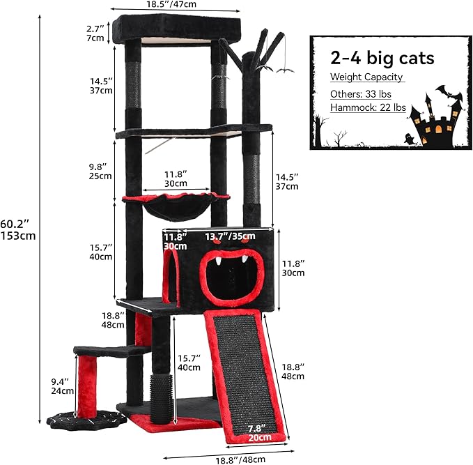 DWVO Gothic Halloween Cat Tree: 60in Tall Tower with Coffin Bed, Top Perch, Spacious Condos, Spider Playthings, Comfy Basket & Scratching Ladder for Indoor Large Cats Kittens, Black & Red