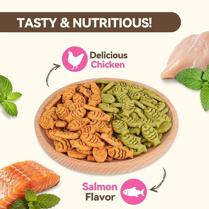 Catnip Cat Treats, Chicken & Salmon Flavor Crunchy Cat Biscuits, Fish-Shaped Training Snacks for Adult Cats, 8 oz