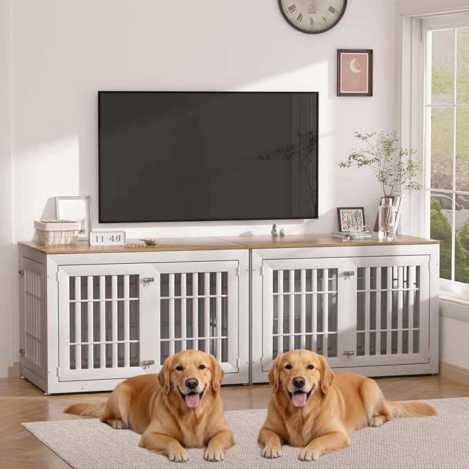 Snuowu 48" Heavy-Duty Dog Crate Furniture for Large Dogs, XXL Wooden Dog Cage Kennel Indoor Furniture, Decorative Pet House End Table, White & Wood
