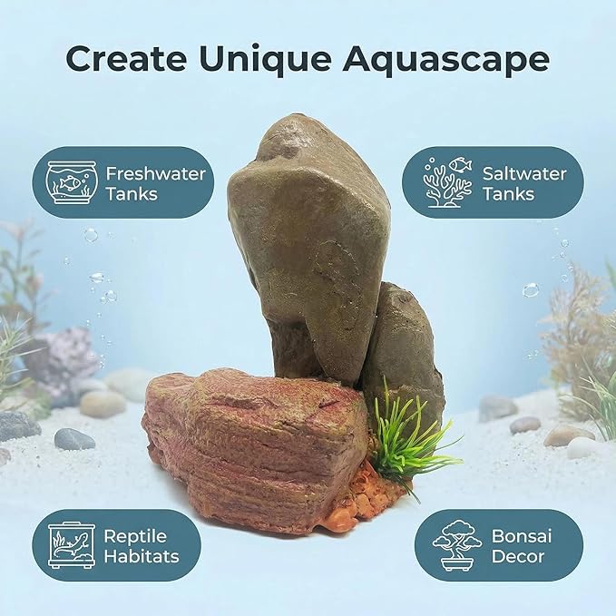 Mipukbay Medium Aquarium Decor Rock, Resin Fish Tank Artificial Stone Ornament for Freshwater/Saltwater, Safe Landscape Hideout for Betta Fish, Goldfish and Aquatic Pets