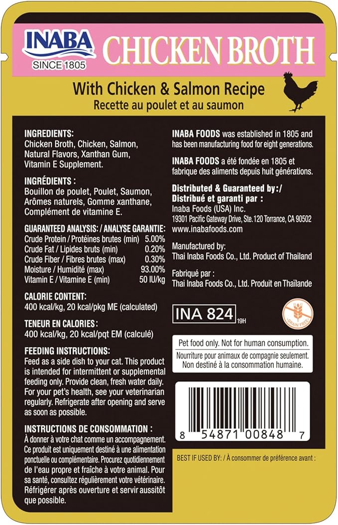 INABA Chicken Broth, Side Dish/Topper for Cats with Vitamin E, 1.76 Ounce Pouch, 8 Pouches Total, Chicken and Salmon Recipe