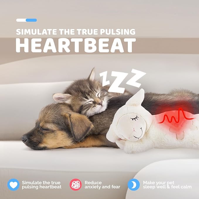 ALL FOR PAWS Heartbeat Dog Toy with Warm Bag for Puppy Anxiety Relief & Sleep Aid, Heartbeat Stuffed Animal Dog Toy for Behavioral Training, Snuggling Plush Toy for Puppy Calming Aid, White Sheep
