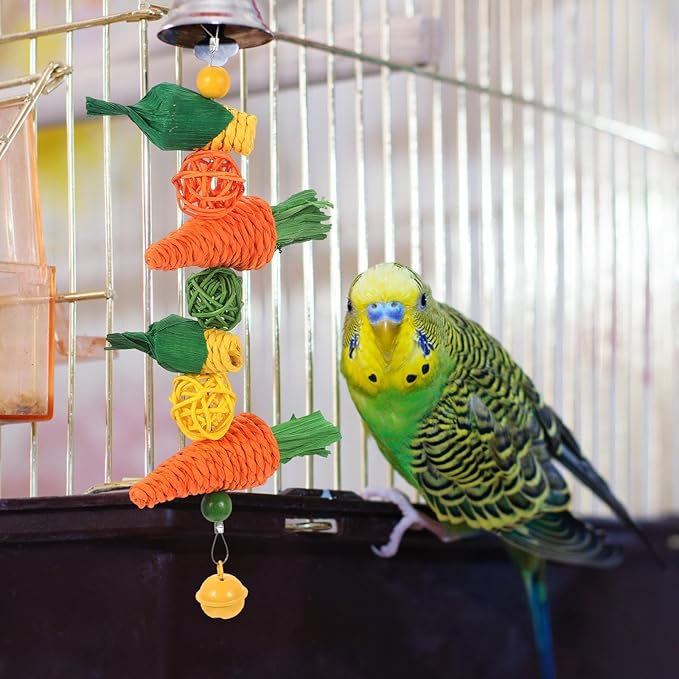 Toddmomy 2Pcs Hanging Cockatiel Chewing Natural Vine Balls with Carrot Rope for Parakeets and Small Birds Cage Accessories