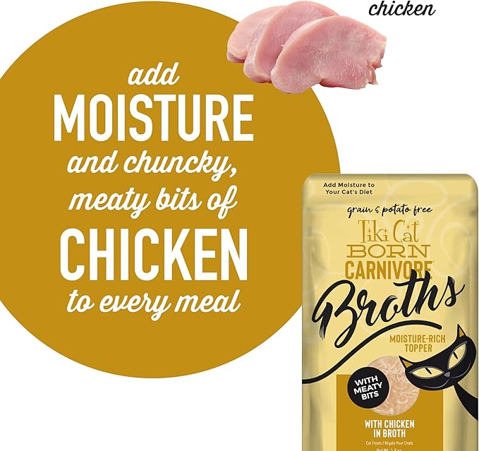 Tiki Cat Born Carnivore Broths Wet Cat Food Topper, Chicken, 1.3 oz. Pouch (12 Count)