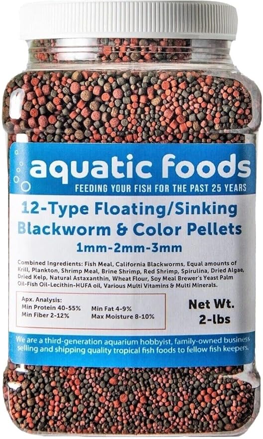 12-Type Floating & Sinking Blackworm & Intense Coloring 1mm, 2mm, 3mm Pellets for Discus, Cichlids, All Tropicals, Koi and Pond Fish...2-lb Med Jar
