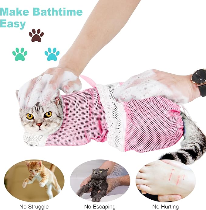 Cat Bathing Bag Adjustable Cat Grooming Net Bag Anti-Bite & Anti-Scratch Cat Bath Washing Restraint Bag, Breathable Mesh Cat Grooming Bag for Shower, Nail Trimming, Injection