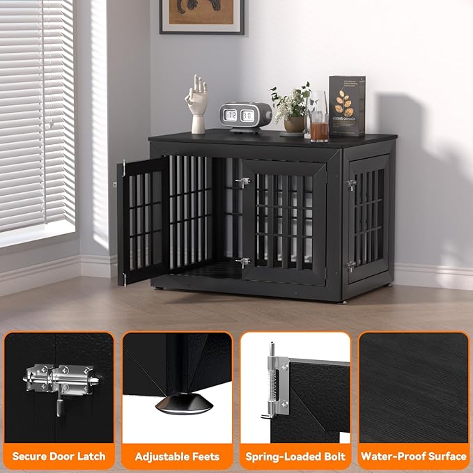 Snuowu 38" Heavy-Duty Dog Crate Furniture for Large/Medium Dogs, Rustic Wooden Dog Cage Kennel Indoor Furniture, Decorative Pet House End Table, Black