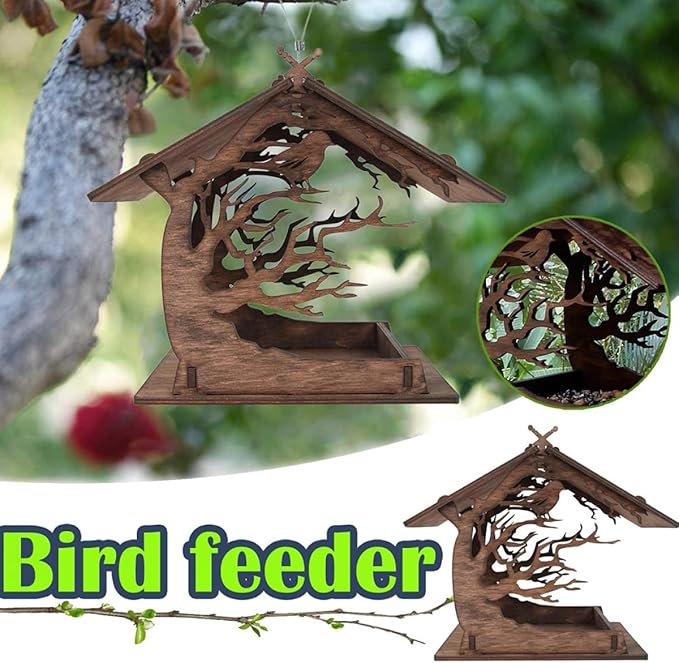 Milisten Wooden Decorative Bird Feeder House with Hanging Bird Food Container for Garden Outdoor Nesting and Wildlife Feeding, Brown Wood DIY Birdhouse for Backyard Birding