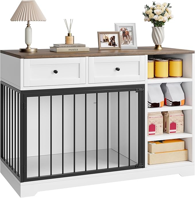 GarveeHome Dog Crate Furniture 47", Large Dog Crate TV Stand with 2 Drawers and 4 Shelves, Wooden Dog Kennel Indoor, Decorative Dog Cage with Storage for Large Dogs, White