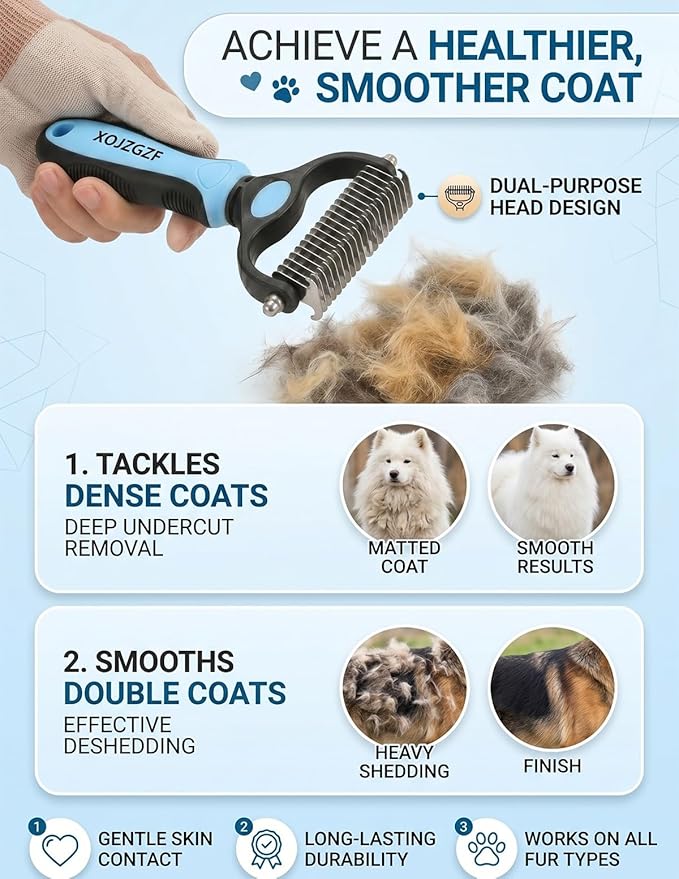 Professional Deshedding Tool for Dogs & Cats, Pet Pro Grooming Tools, Indoor Cat Double-Sided Brush Rake, Pets Hair Remover Shedding, Long Haired Dog Brushes, Undercoat Combs Supplies(Pink-L)