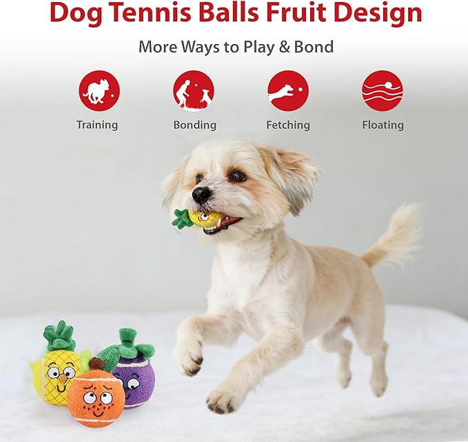 Gigwi Squeaky Tennis Balls for Dogs, Interactive Dog Balls with Colorful Fruit Plush Cover, Pet Bounce Toy 2.5" for Medium Dog Indoor & Outdoor Fetch Play, 3-Pack