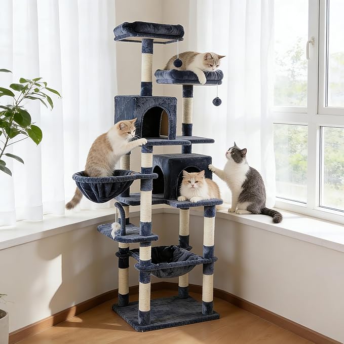71in Extra Large Cat Tree Tower, Multi-Level Tall Cat Tower with Scratching Post/Hammock/Plush Condo/Pompoms/Wide Base, Heavy Duty Cats Tree for 20lb+ Large Adult Cats/Kittens, Grey