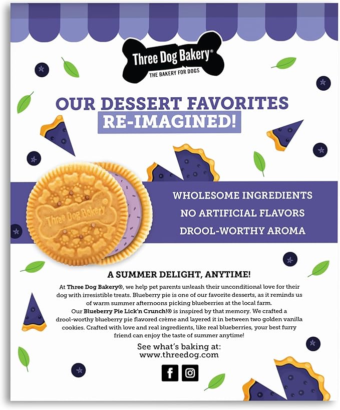 Three Dog Bakery Blueberry Pie Lick’n Crunch! Dog Treats, Dessert-Inspired Sandwich Cookies with Real Blueberries & Vanilla, Crunchy Baked Dog Cookies, Made in The USA, 13 oz