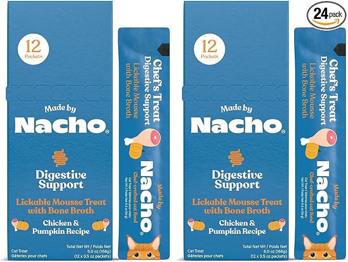 Made by Nacho Digestive Mousse Sachets, Lickable Cat Treats, 12 Count with Bone Broth, 0.5 oz, No Grains, Corn, Wheat or Soy (Pack of 2)