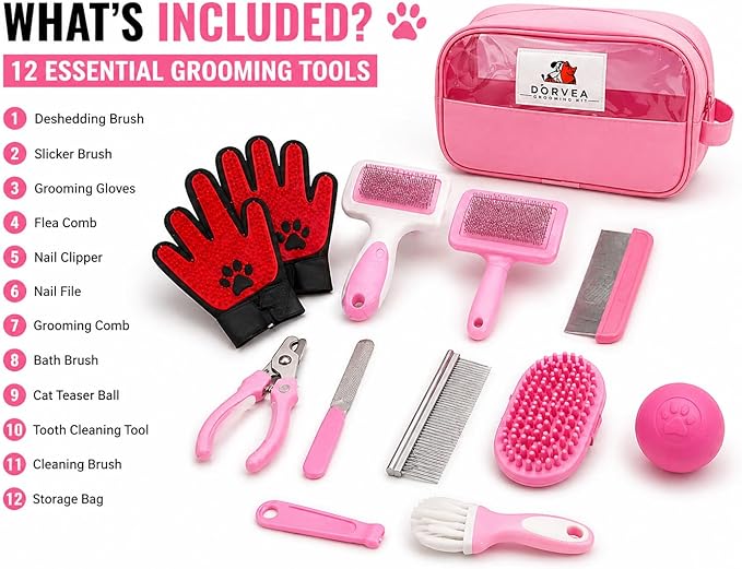 Pet Grooming Kit 12-in-1 for Dogs & Cats - Professional Deshedding Brush, Nail Clipper, Slicker Brush Flea Comb, Grooming Gloves, cat Teaser Ball Set with Storage Bag