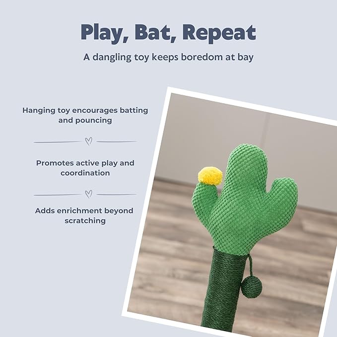 Trixie Fero 24" Jute Scratching Post - Cute Whimsical Cactus Cat Tree with Dangling Toy - Indoor Cat Scratcher Furniture