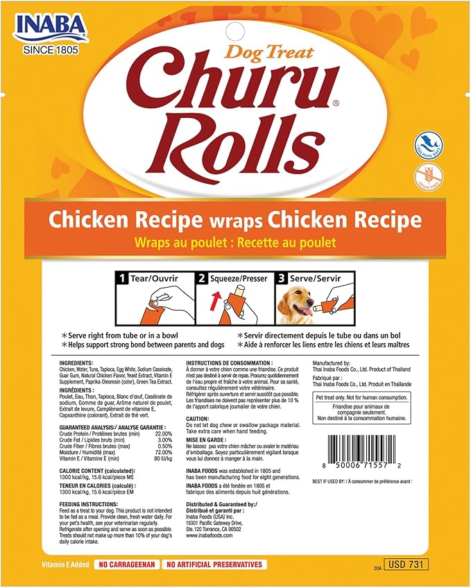 INABA Churu Rolls for Dogs, Soft & Chewy Baked Chicken Wrapped Filled Dog Treats, 0.42 Ounces Each Tube, 48 Tubes Total, Chicken Recipe