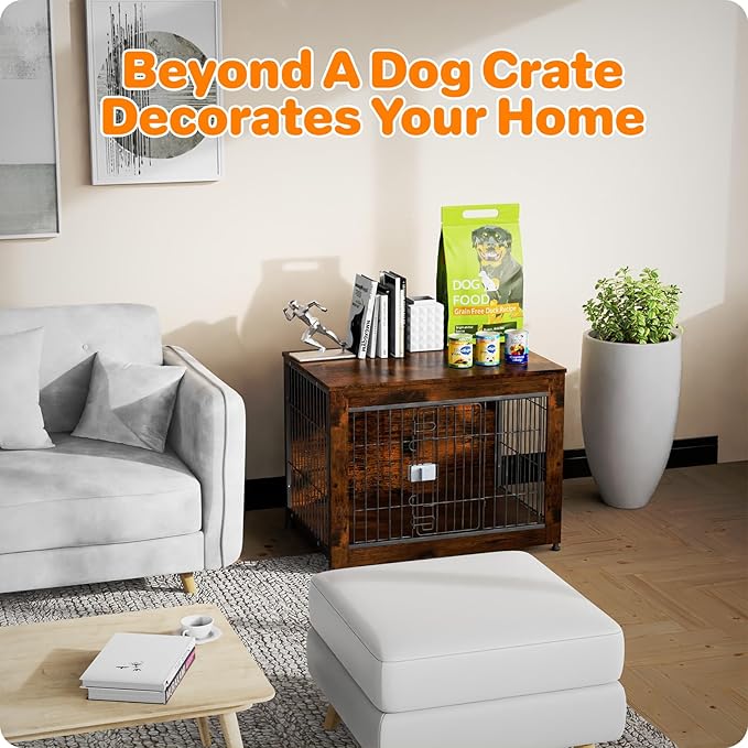 Escape Proof Decorative Dog Crate Furniture with Wooden Top, 32in Furniture Style End Table and Secure Indoor Kennel, Anti Anxiety for All Breeds, Aged Black