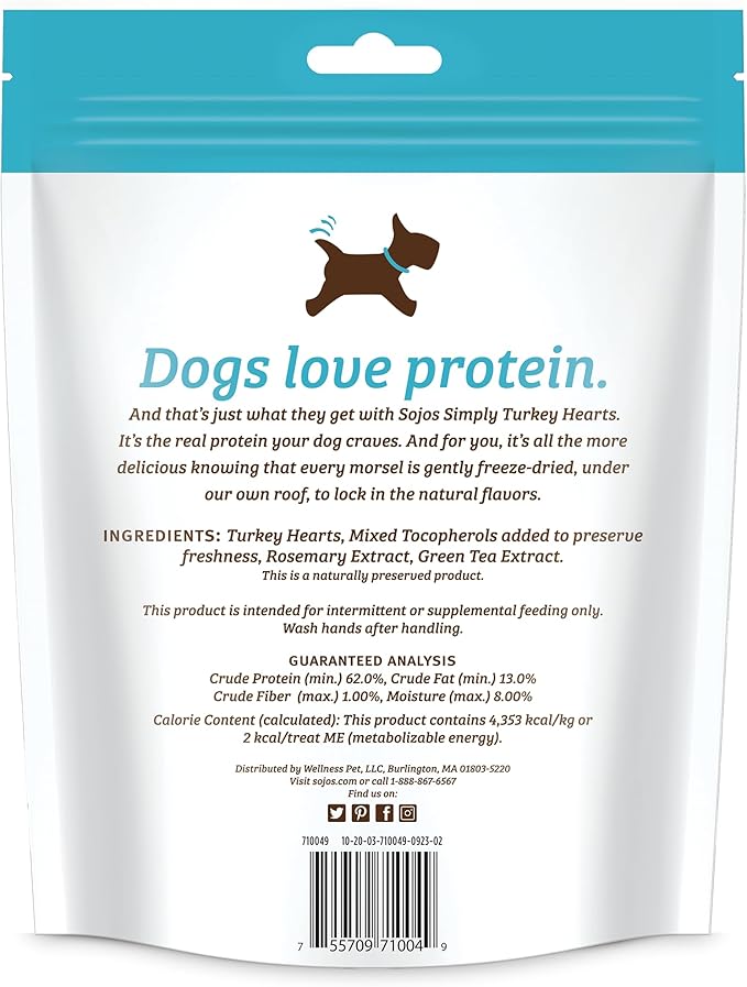 Sojos Simply Freeze Dried Turkey Hearts Dog Treats, Grain Free, Natural, 4 oz Bag