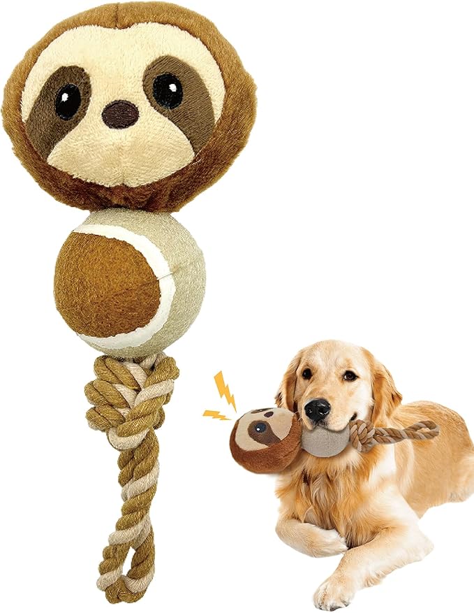 Sloth Plush Squeaky Dog Toy with Tennis Ball and Rope Puppy Teething Chew Toy Cute Fun Durable Multi-Functional Interactive Tug of War Dog Toy for Small Medium Large Dogs Toy Gift 26cm/10.24in