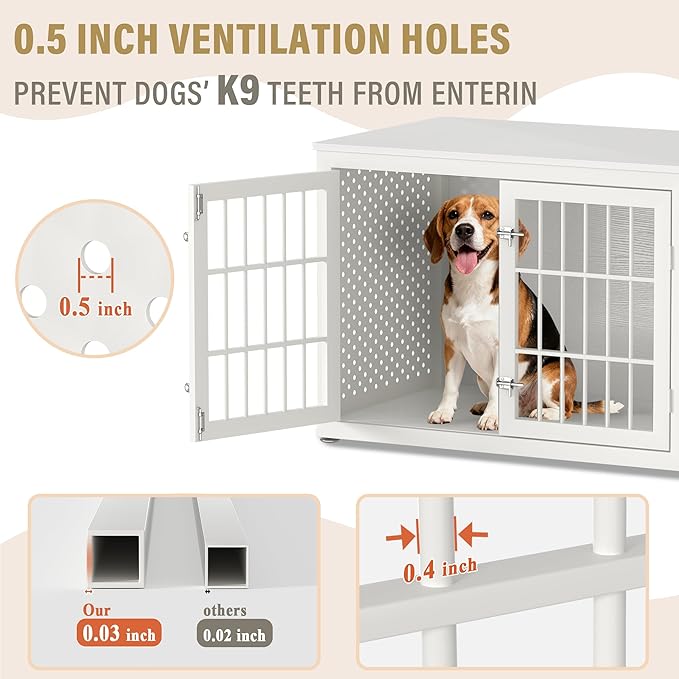 rehomerance 38" Heavy Duty Dog Crate Furniture for Large and Medium Dogs,Wooden Metal Kennel for High Anxiety Dogs, Chew Proof Pet Cage Indoor, Decorative Dog Kennel End Table, White