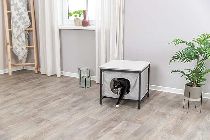 Trixie Emmie Indoor Cat Condo, Cozy Cat House with Metal Frame and Sturdy Fabric and Cozy Cushion for Extra Comfort, Classic Style Design, Greige/Gray, Use as a Table & Nightstand