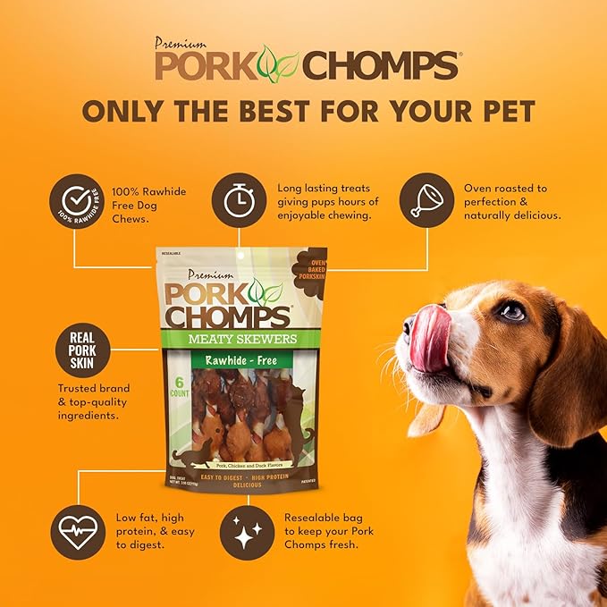 Pork Chomps Premium Meaty Skewers Dog Chews, 6 count - Pork Skin with Chicken & Duck - Long-Lasting Treats for Dogs - High Protein, Rawhide-Free, Low Fat, Healthy & Delicious, 3.98 oz (1 Pack)