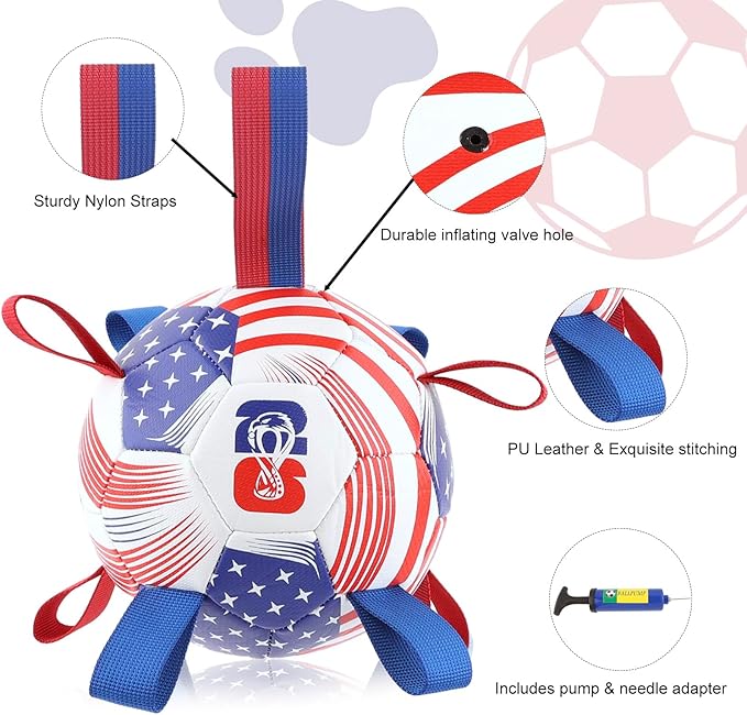 Dog Toys Balls, Dog Soccer Ball with Straps, Dog Birthday Gifts, Durable Balls for Small Medium Pet, Puppy Outdoor Toy, Pet Training Soccer Ball, 2026 World Cup Soccer (6 Inch)