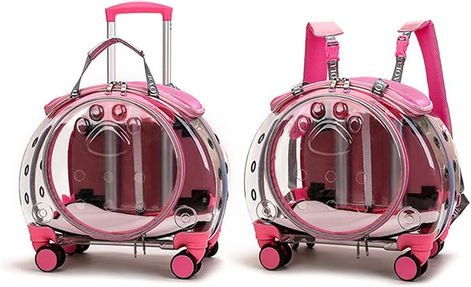 Rolling Cat Carrier,Clear Cat Carrier with Wheels,Pet Trolley Case Pet Backpack for Kitty Small Dog Sturdy and Breathable Design Portable Cats Dogs Backpack for Travel/Taking a Walk Pink