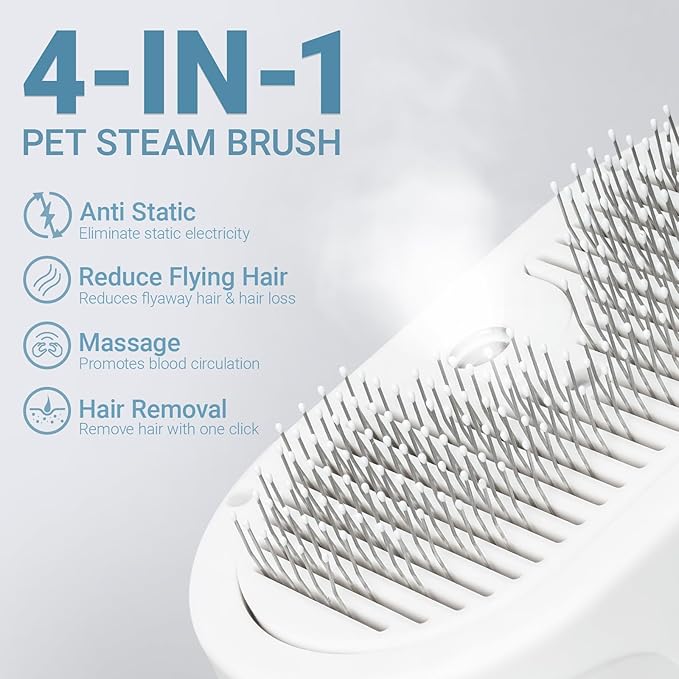 Pjordo Pet Steam Brush for Cat & Dog, 5-in-1 Pet Spray Hair Removal Comb for Reducing Shedding, Grooming Brush for Long Short Haired Cat & Dog, No-Rinse Foaming Cleanser for Cleaning Paw