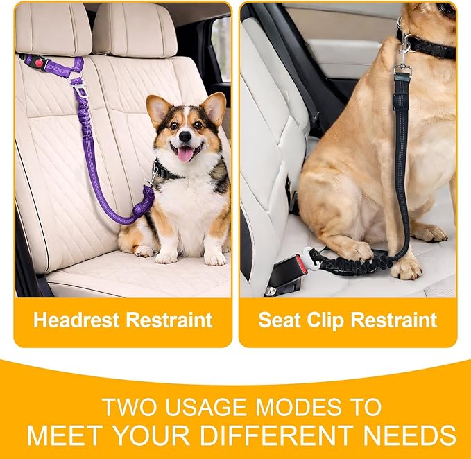 2-Pack Dog Car Seat Belt, 3-in-1 Headrest-Mounted Dog Seatbelt for Car, Adjustable Nylon Pet Safety Leash with Elastic Buffer & Reflective Stitching, Durable Car Harness for Dogs Fits Most Vehicles