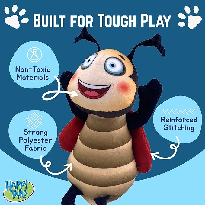 Happy Tails Interactive 9-Inch Ladybug Squeaky Dog Toy for Medium to Large Dogs, Durable Polyester with Reinforced Stitching, Red and Black
