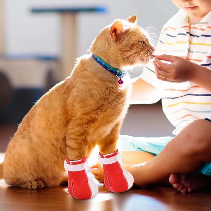 Gosknor 4pcs Cat Feet Covers, Adjustable Anti-Scratch Anti-Bite Silicone Kitten Paw Claw Caps Boots for Nail Trimming Bathing Checking Multifunctional Pet Grooming Protector Products (Red White)