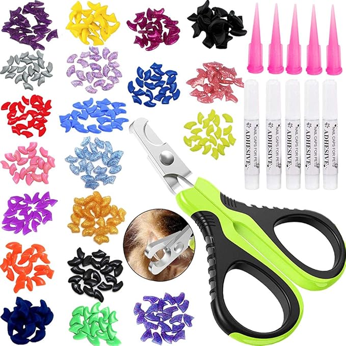 VICTHY 100pcs Cat Nail Caps with Clipper Set, Pet Cat Nail Clipper Cat Nail Covers for Cat with Adhesive and Applicators Size Large (5 Colors)