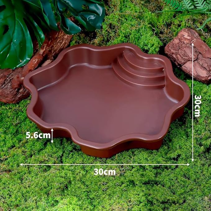 Turtle Bathing Pool, Reptile Feeding Dish Water Pot, Landscape Fish Tank Decoration, Lizard Turtle Bathing Pot for Aquatic Climbing Pet - Reddish Brown