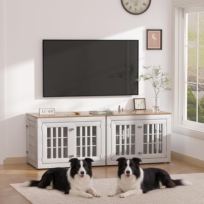 Snuowu 38" Heavy-Duty Dog Crate Furniture for Large/Medium Dogs, Rustic Wooden Dog Cage Kennel Indoor Furniture, Decorative Pet House End Table, White & Wood