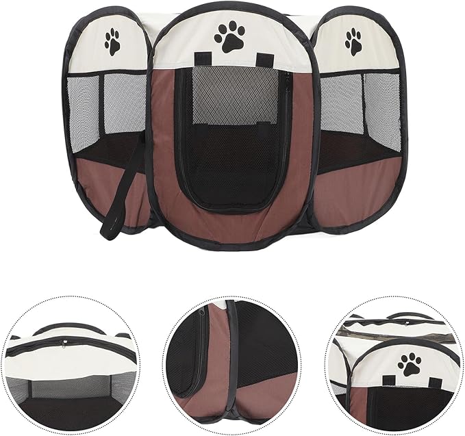 TOYANDONA Portable Pet Playpen Octagonal Dog Kennel with Oxford Fabric, Large Foldable Indoor Outdoor Exercise Tent for Small Dogs and Cats, Coffee Tone Small Size