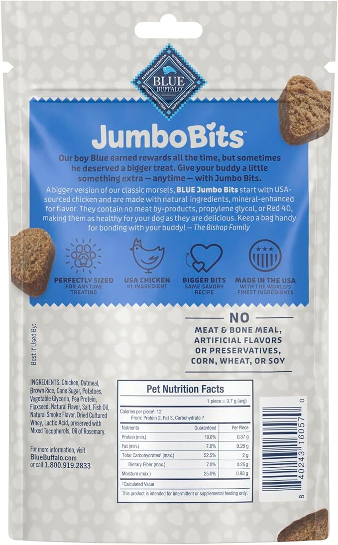 Blue Buffalo Jumbo Bits, Soft & Chewy Anytime Treats, Chicken Recipe, Natural Dog Treats Mineral Enhanced for Flavor, 4 oz. Bag