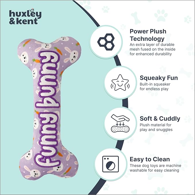 Huxley & Kent Funny Dog Toy w/Squeaker – Power Plush Squeaky Dog Toys for Small, Medium & Large Dogs – Soft Stuffed Animal for Indoor Play & Fetch - Funny Bunny Bone, Large
