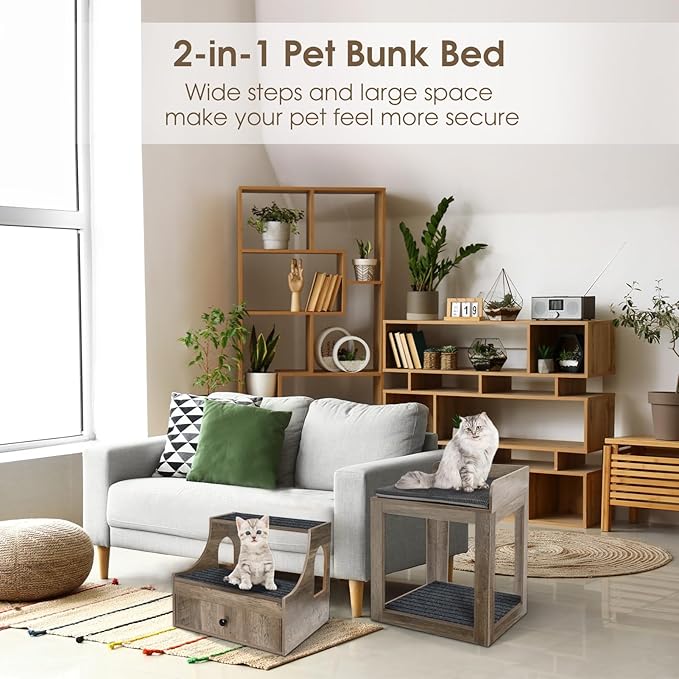 Cat Window Perch with Removable Stairs, Large Pet Bunk Bed with Drawer and Cushion for Cats and Dogs, Strong Frame Pet Bed for Bedside, Home, Indoor, Grey