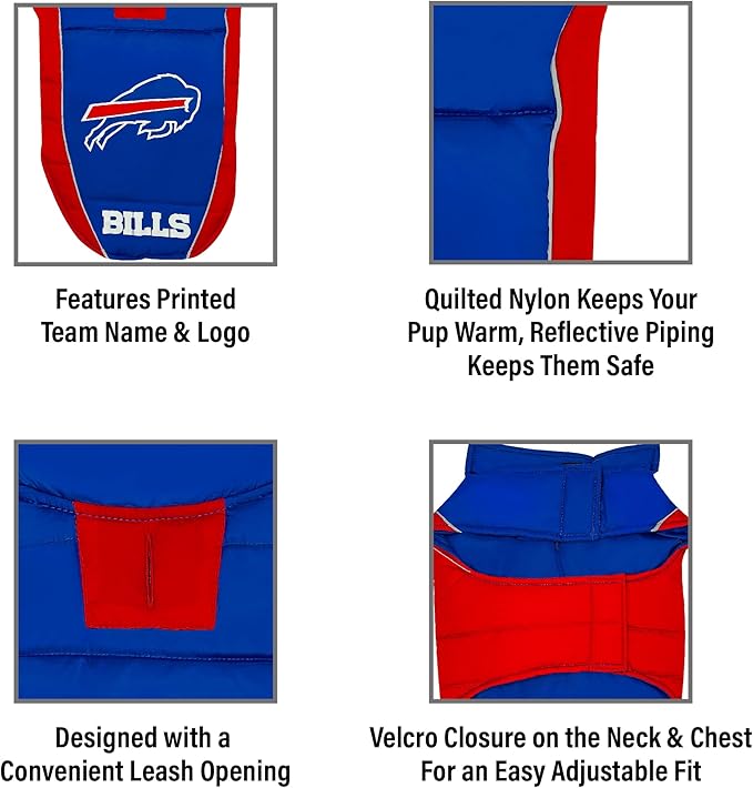 NFL Buffalo Bills Puffer Vest for Dogs & Cats, Size Small. Warm, Cozy, and Waterproof Dog Coat, for Small and Large Dogs/Cats. Best NFL Licensed PET Warming Sports Jacket