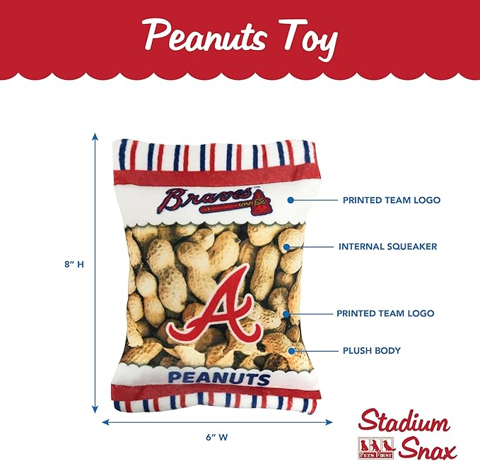 MLB Atlanta Braves Plush Peanuts Snack Toy for Dogs & Cats with Embroidered Team Name & Logo with Inner Squeaker