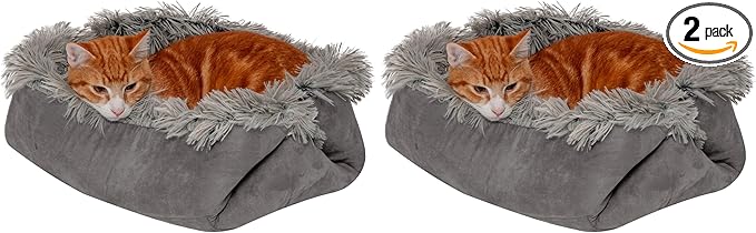 Furhaven Self-Warming Cat Bed for Indoor Cats, 4-Beds-in-1 & Washable - Plush Long Faux Fur Convertible Cuddler - Gray, Small (Pack of 2)