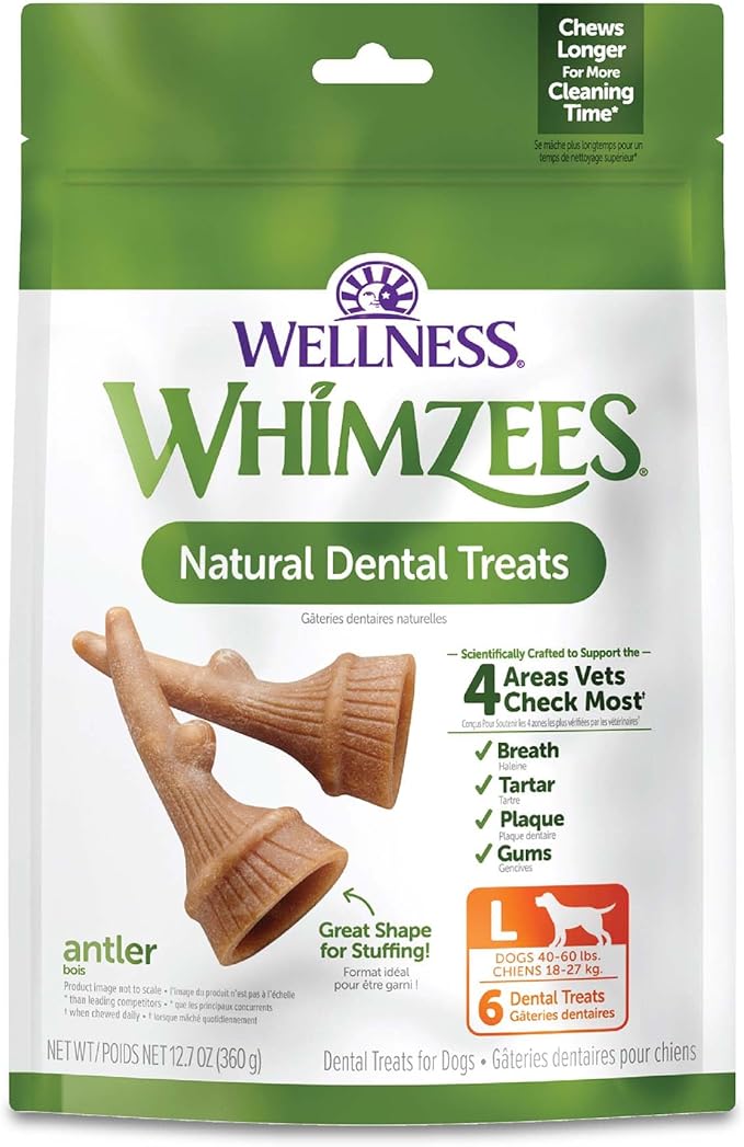 Wellness WHIMZEES Antler Occupy Dog Dental Treat, Chews, Freshens Breath, Large Size, 12.7 oz Bag, 6 Count