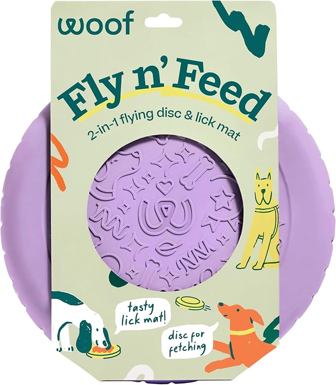 WOOF Fly n’ Feed - Flying Disc and Lick Mat for Dogs - Durable Tooth-Friendly Rubber - Interactive Dog Toy for Fetch, Treat Dispensing, and Enrichment - Lavender